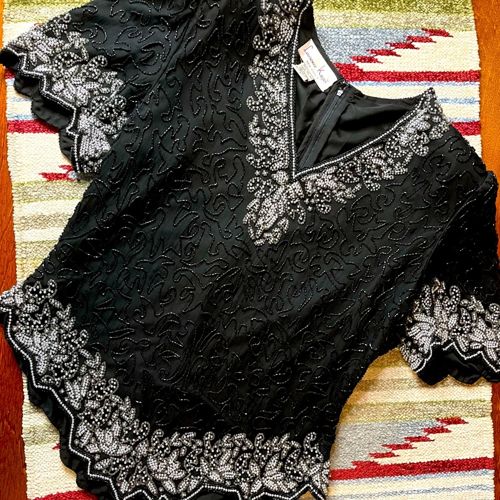 Lawrence Kazar New York Beaded Black Silver Top Size L